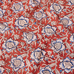 〔1m切り売り〕伝統息づく南インドから　昔ながらの木版染め更紗模様布 - 赤橙系〔横幅:約105.5cm〕の商品写真