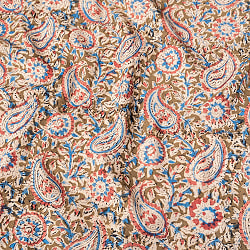 〔1m切り売り〕伝統息づく南インドから　昔ながらの木版染め更紗模様布 - カーキ系〔横幅:約118cm〕の商品写真