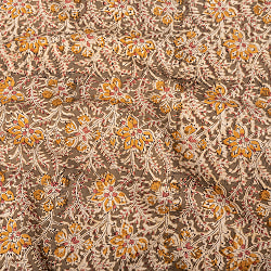 〔1m切り売り〕伝統息づく南インドから　昔ながらの木版染め更紗模様布 - カーキ系〔横幅:約116cm〕の商品写真