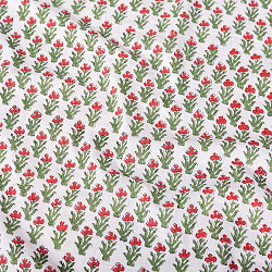 〔1m切り売り〕伝統息づく南インドから　昔ながらの木版染め更紗模様布 - ホワイト系〔横幅:約112cm〕