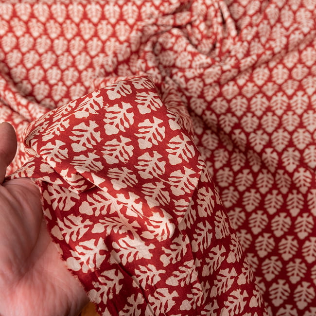 〔1m切り売り〕伝統息づく南インドから　昔ながらの木版染め更紗模様布 - 赤系〔横幅:約111cm〕 6 - 生地の拡大写真です