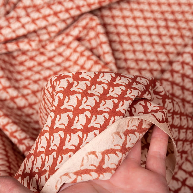 〔1m切り売り〕伝統息づく南インドから　昔ながらの木版染め更紗模様布 - 赤系〔横幅:約112.5cm〕 6 - 生地の拡大写真です