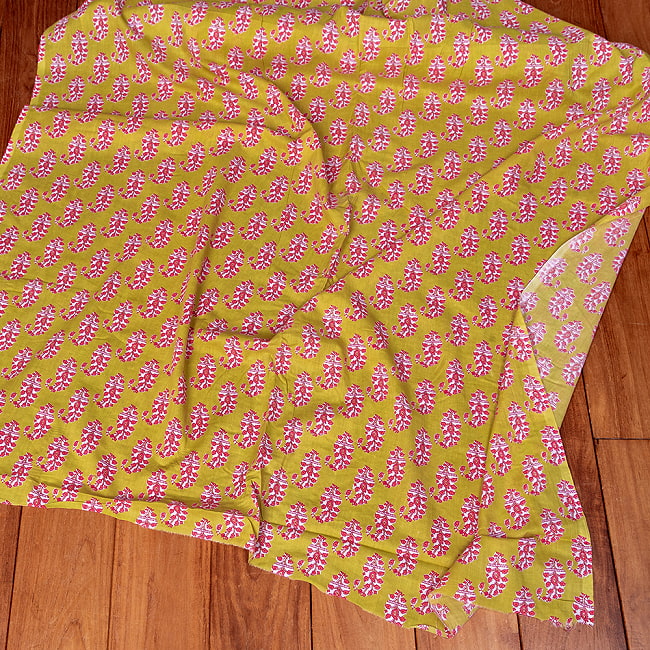 【3個セット】〔1m単位切り売り〕南インドの民族模様　昔ながらのペイズリー布　黄緑系〔幅約109cm〕 7 - 全体写真です