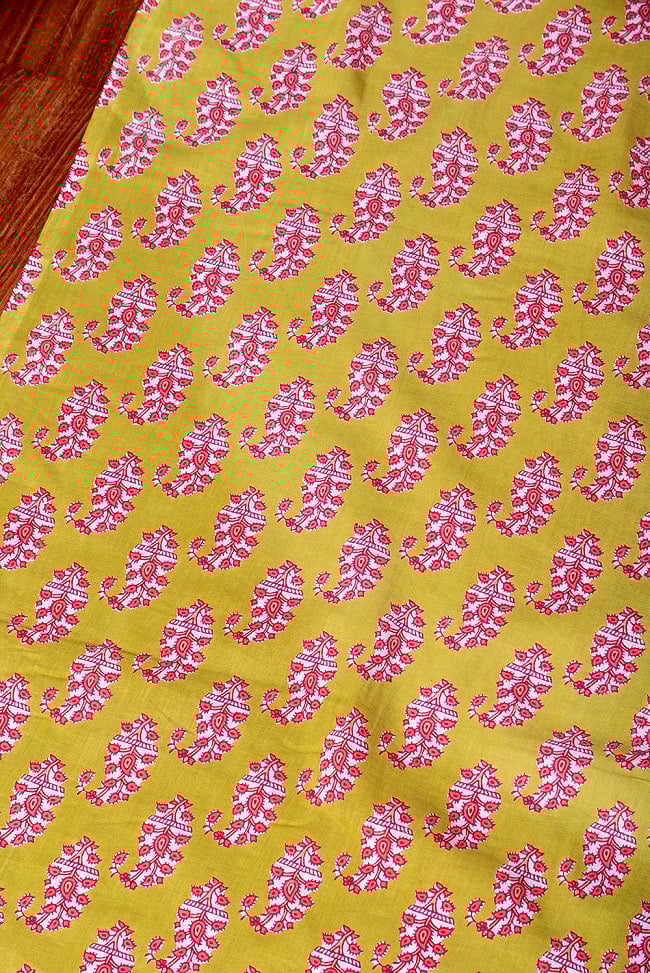 【5個セット】〔1m単位切り売り〕南インドの民族模様　昔ながらのペイズリー布　黄緑系〔幅約109cm〕 4 - とても良い雰囲気