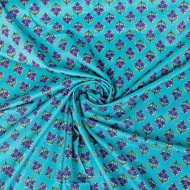 【5個セット】〔1m単位切り売り〕テキスタイルの伝統息づくインドから　昔ながらの小花柄布　青緑系〔幅約105cm〕 5 - 拡大写真です