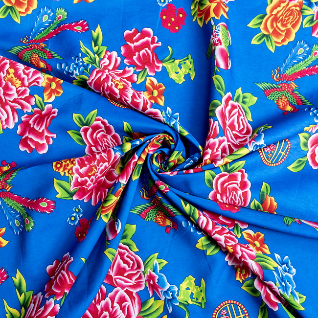 【3個セット】〔1m単位切り売り〕アジアのレトロ花柄ファブリック 生地 東北大花布 鳳凰牡丹 花鳥画 ヴィンテージ風 昭和レトロ〔約159cm〕 - ブルー 6 - とても良い風合いです