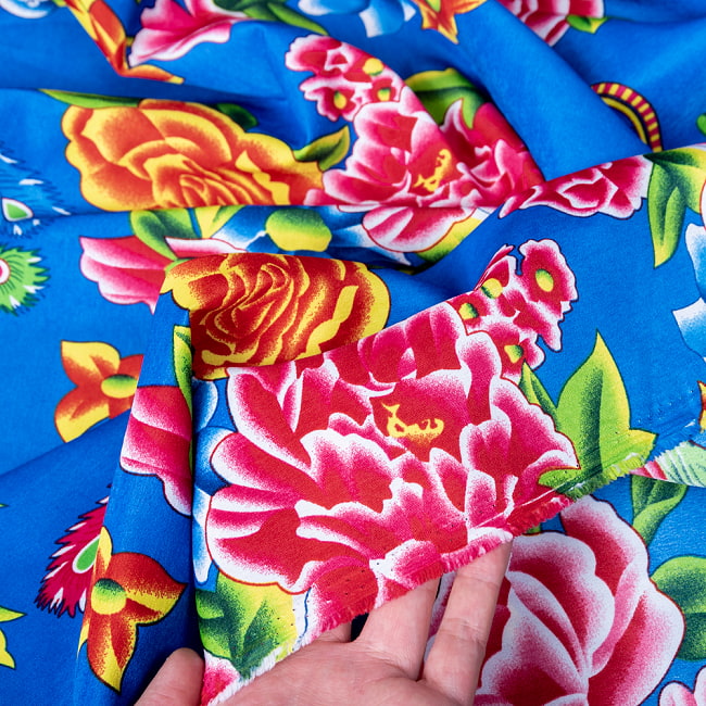 【3個セット】〔1m単位切り売り〕アジアのレトロ花柄ファブリック 生地 東北大花布 鳳凰牡丹 花鳥画 ヴィンテージ風 昭和レトロ〔約159cm〕 - ブルー 8 - しっかりとした生地感です