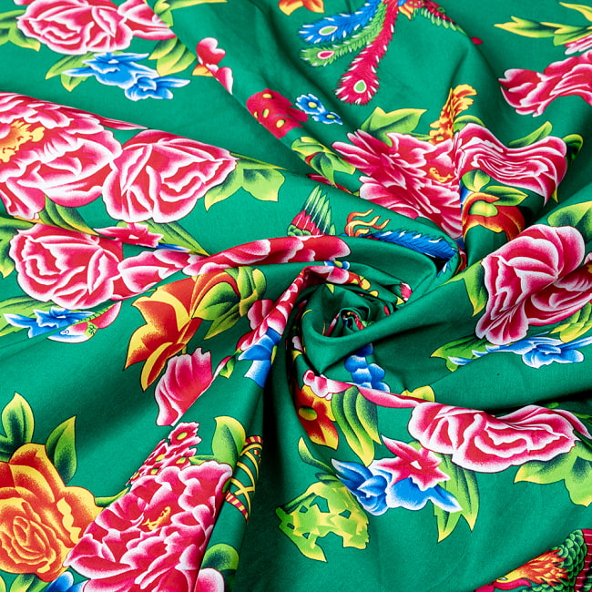 【3個セット】〔1m単位切り売り〕アジアのレトロ花柄ファブリック　生地　東北大花布　鳳凰牡丹　花鳥画　ヴィンテージ風　昭和レトロ〔約160cm〕 - グリーン 7 - 別の角度からの写真です