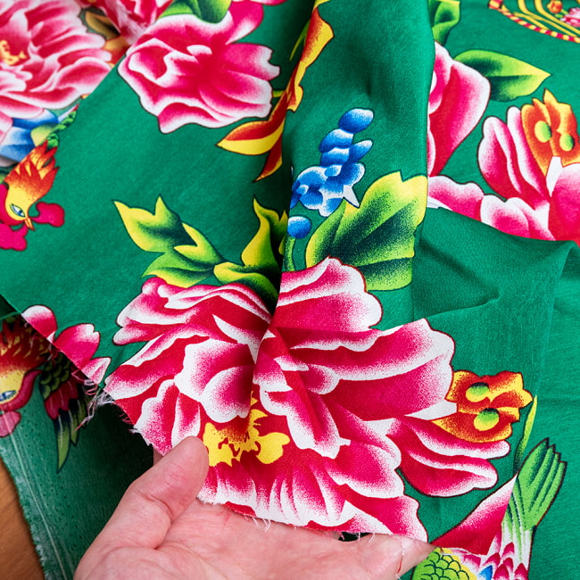 【3個セット】〔1m単位切り売り〕アジアのレトロ花柄ファブリック　生地　東北大花布　鳳凰牡丹　花鳥画　ヴィンテージ風　昭和レトロ〔約160cm〕 - グリーン 8 - しっかりとした生地感です