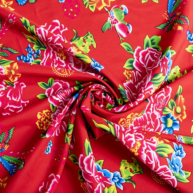 【3個セット】〔1m単位切り売り〕アジアのレトロ花柄ファブリック 生地 東北大花布 鳳凰牡丹 花鳥画 ヴィンテージ風 昭和レトロ〔約160cm〕 - レッド 6 - とても良い風合いです