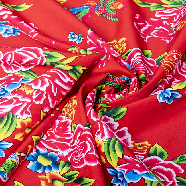 【3個セット】〔1m単位切り売り〕アジアのレトロ花柄ファブリック 生地 東北大花布 鳳凰牡丹 花鳥画 ヴィンテージ風 昭和レトロ〔約160cm〕 - レッド 7 - 別の角度からの写真です