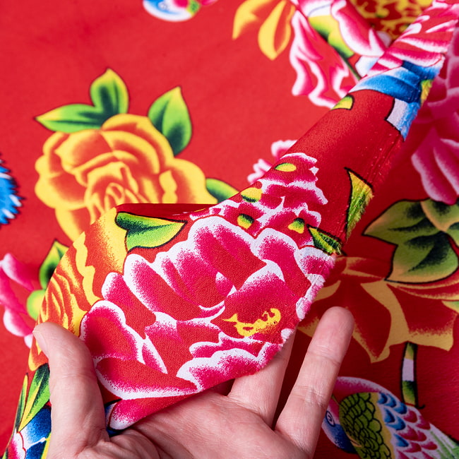 【3個セット】〔1m単位切り売り〕アジアのレトロ花柄ファブリック 生地 東北大花布 鳳凰牡丹 花鳥画 ヴィンテージ風 昭和レトロ〔約160cm〕 - レッド 8 - しっかりとした生地感です