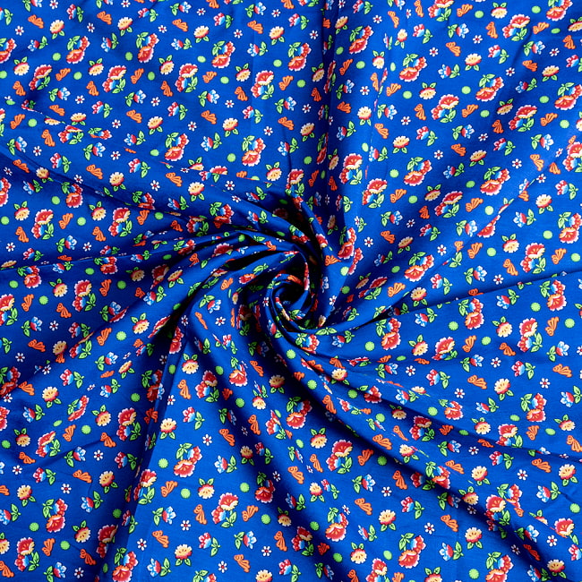 【3個セット】〔1m単位切り売り〕アジアのレトロ小花柄ファブリック　ヴィンテージ風　昭和レトロ〔約128cm〕 - ブルー 6 - とても良い風合いです