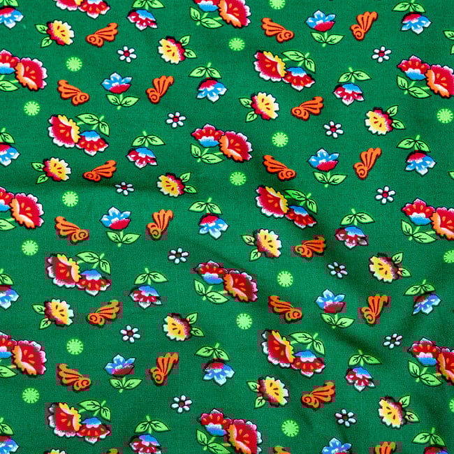 【3個セット】〔1m単位切り売り〕アジアのレトロ小花柄ファブリック　ヴィンテージ風　昭和レトロ〔約130cm〕 - グリーン 5 - 拡大写真です