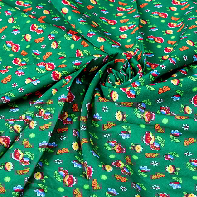 【3個セット】〔1m単位切り売り〕アジアのレトロ小花柄ファブリック　ヴィンテージ風　昭和レトロ〔約130cm〕 - グリーン 7 - 別の角度からの写真です