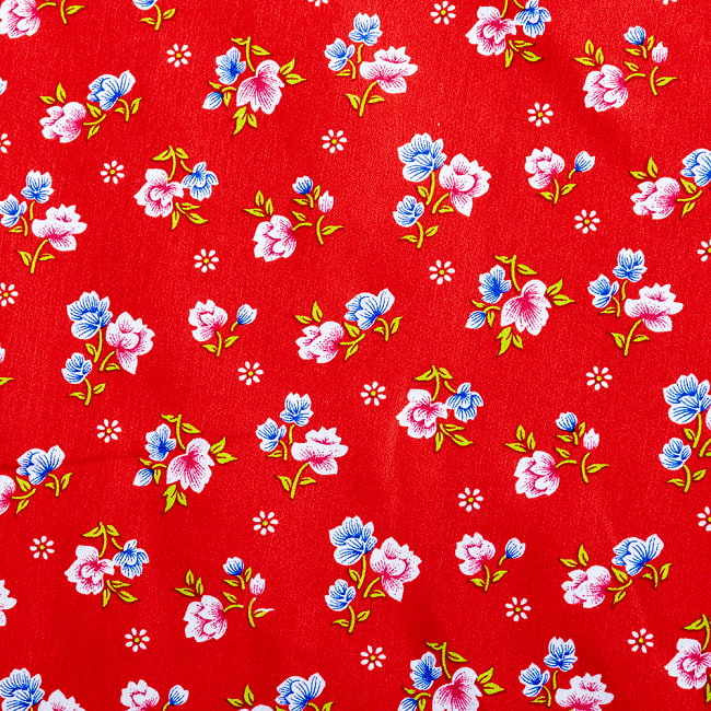 【3個セット】〔1m単位切り売り〕アジアのレトロ小花柄ファブリック　ヴィンテージ風　昭和レトロ〔約162.5cm〕 - レッド 5 - 拡大写真です