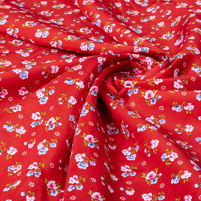 【3個セット】〔1m単位切り売り〕アジアのレトロ小花柄ファブリック　ヴィンテージ風　昭和レトロ〔約162.5cm〕 - レッド 7 - 別の角度からの写真です