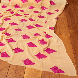 【3個セット】〔1m単位切り売り〕インドのスパンコール刺繍付き　シフォン生地布〔約106cm〕ベージュ系 - サブ2