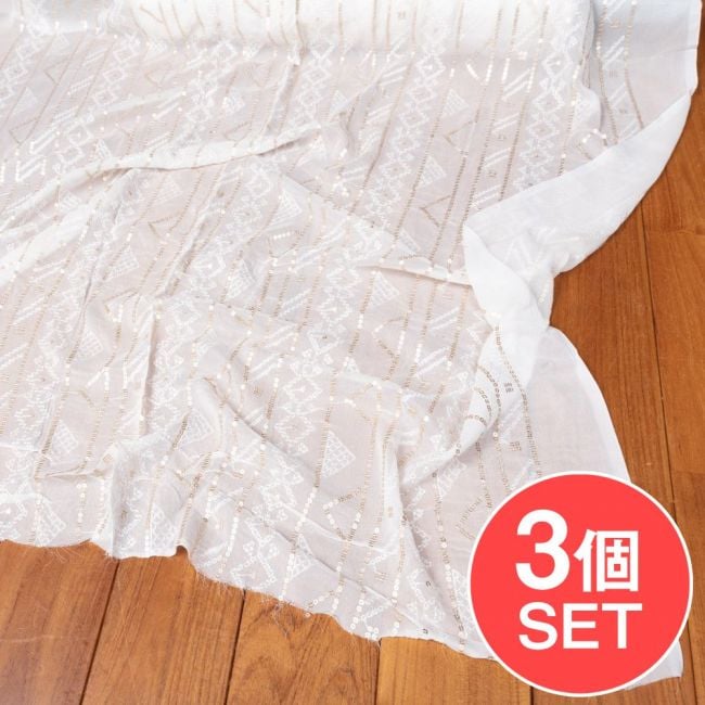 【3個セット】〔1m単位切り売り〕インドのスパンコール刺繍付き シフォン生地布〔約109cm〕ホワイト系の写真