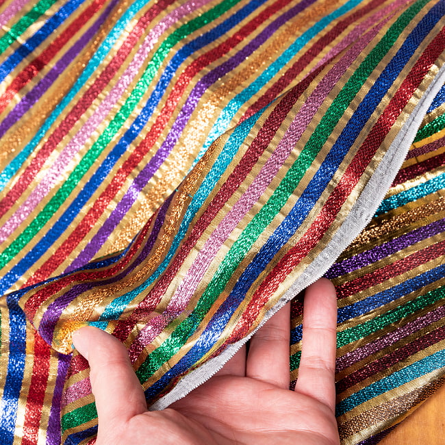 【3個セット】〔1m単位切り売り〕インドの伝統模様布　ボーダー　ストライプ柄〔約107cm〕カラフル系 7 - 生地の拡大写真です