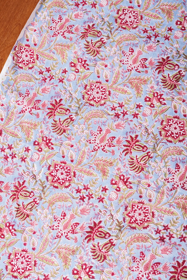 【3個セット】〔1m単位切り売り〕ジャイプル　職人手作り木版染め　色彩美しいボタニカルデザイン　おしゃれ　生地　花柄　テーブルクロス　刺繍素材などへ〔幅約108cm〕 - サックスブルー系 4 - 1mの長さごとにご購入いただけます。