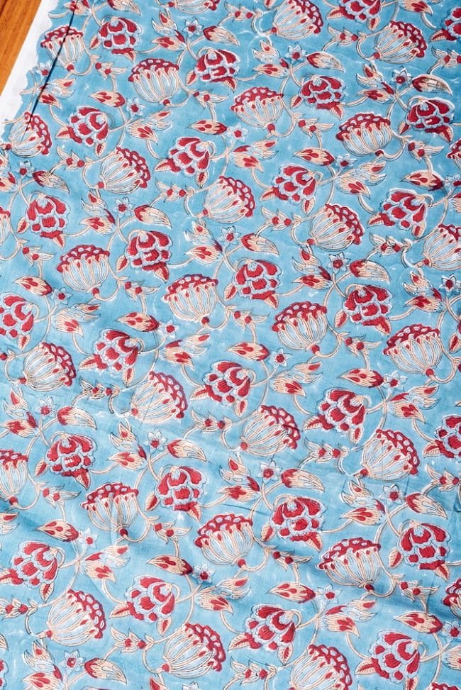 【3個セット】〔1m単位切り売り〕ジャイプル　職人手作り木版染め　色彩美しいボタニカルデザイン　おしゃれ　生地　花柄　テーブルクロス　刺繍素材などへ〔幅約109cm〕 - ティールブルー系 4 - 1mの長さごとにご購入いただけます。