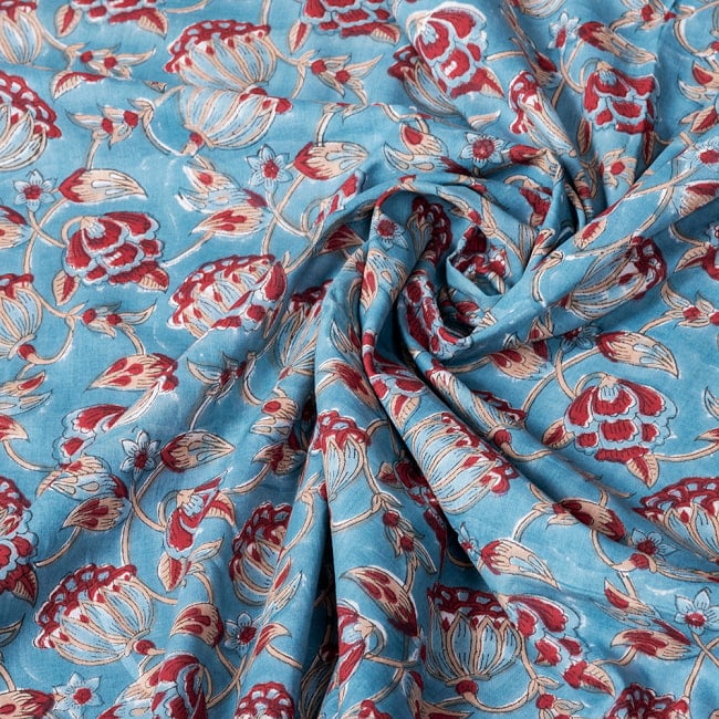 【3個セット】〔1m単位切り売り〕ジャイプル　職人手作り木版染め　色彩美しいボタニカルデザイン　おしゃれ　生地　花柄　テーブルクロス　刺繍素材などへ〔幅約109cm〕 - ティールブルー系 7 - とても良い風合いです