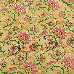 【3個セット】〔1m単位切り売り〕ジャイプル　職人手作り木版染め　色彩美しいボタニカルデザイン　おしゃれ　生地　花柄　テーブルクロス　刺繍素材などへ〔幅約110cm〕 - 黄緑系 - サブ5