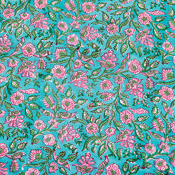 【3個セット】〔1m単位切り売り〕ジャイプル　職人手作り木版染め　色彩美しいボタニカルデザイン　おしゃれ　生地　花柄　テーブルクロス　刺繍素材などへ〔幅約111cm〕 - グリーン系 - サブ5