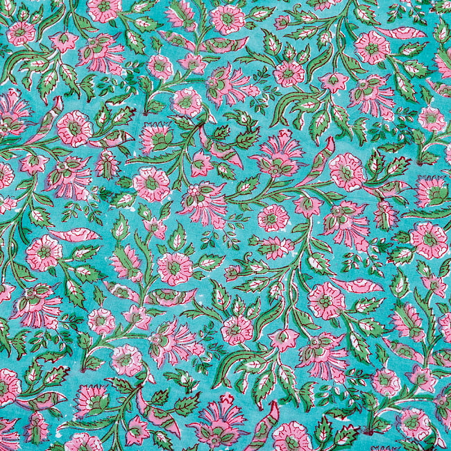 【3個セット】〔1m単位切り売り〕ジャイプル　職人手作り木版染め　色彩美しいボタニカルデザイン　おしゃれ　生地　花柄　テーブルクロス　刺繍素材などへ〔幅約111cm〕 - グリーン系 5 - インドならではの布ですね。