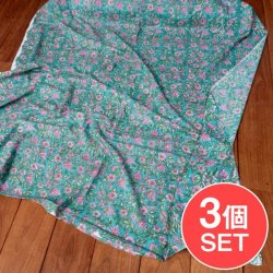 【3個セット】〔1m単位切り売り〕ジャイプル 職人手作り 色彩豊かなボタニカルデザイン おしゃれ 生地 花柄 テーブルクロス 刺繍素材などへ〔幅約111cm〕 - グリーン系
