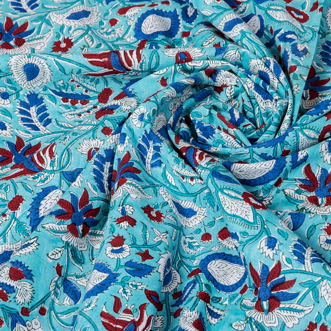 【3個セット】〔1m単位切り売り〕ジャイプル　職人手作り木版染め　色彩美しいボタニカルデザイン　おしゃれ　生地　花柄　テーブルクロス　刺繍素材などへ〔幅約111cm〕 - ブルーグリーン系 7 - とても良い風合いです