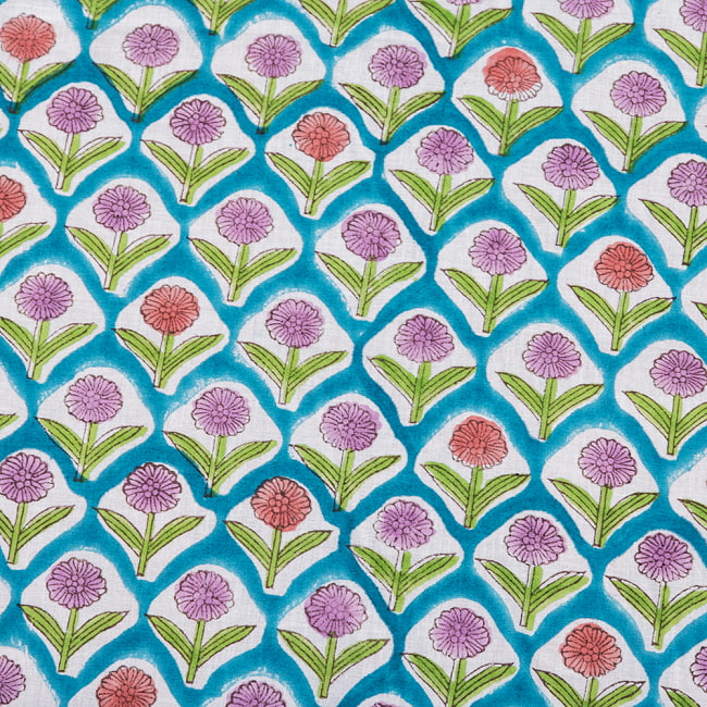 【3個セット】〔1m単位切り売り〕ジャイプル　職人手作り木版染め　色彩美しいボタニカルデザイン　おしゃれ　生地　花柄　テーブルクロス　刺繍素材などへ〔幅約111cm〕 - ブルー系 5 - インドならではの布ですね。