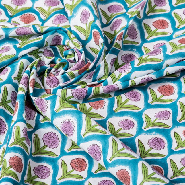 【3個セット】〔1m単位切り売り〕ジャイプル　職人手作り木版染め　色彩美しいボタニカルデザイン　おしゃれ　生地　花柄　テーブルクロス　刺繍素材などへ〔幅約111cm〕 - ブルー系 7 - とても良い風合いです