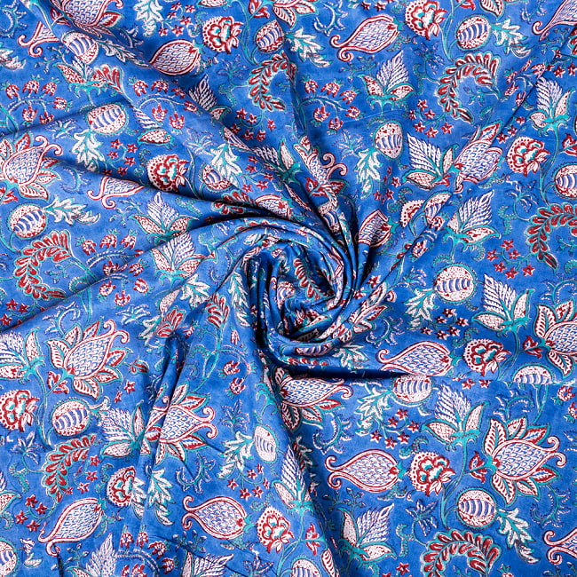 【3個セット】〔1m単位切り売り〕ジャイプル 職人手作り木版染め 色彩美しいボタニカルデザイン おしゃれ 生地 花柄 テーブルクロス 刺繍素材などへ〔幅約111cm〕 - ブルー系 2 - デザインはもちろん、色彩に定評のあるとても美しい生地です。