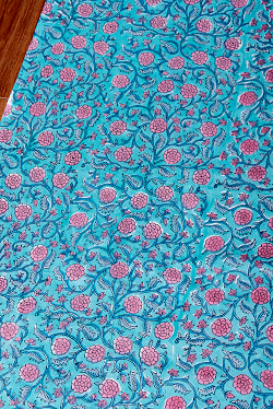 【3個セット】〔1m単位切り売り〕ジャイプル　職人手作り木版染め　色彩美しいボタニカルデザイン　おしゃれ　生地　花柄　テーブルクロス　刺繍素材などへ〔幅約111cm〕 - 青緑系 - サブ4