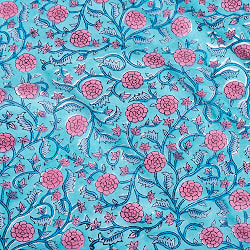 【3個セット】〔1m単位切り売り〕ジャイプル　職人手作り木版染め　色彩美しいボタニカルデザイン　おしゃれ　生地　花柄　テーブルクロス　刺繍素材などへ〔幅約111cm〕 - 青緑系 - サブ5