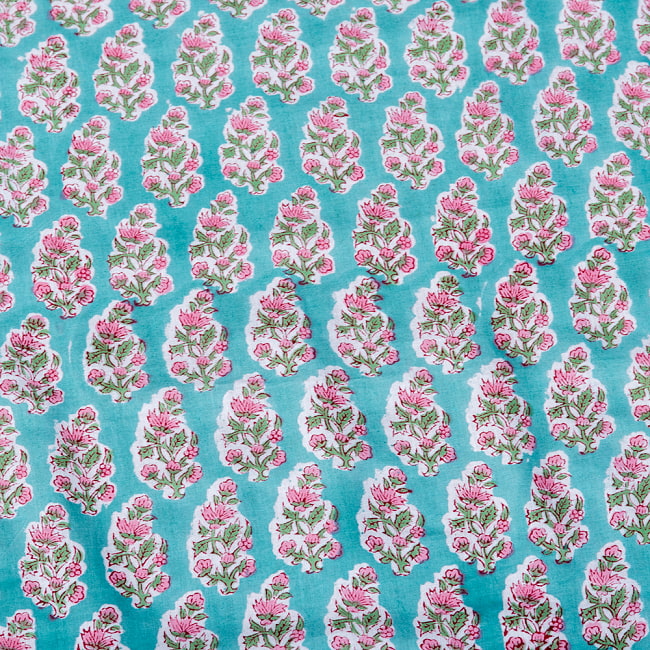 【3個セット】〔1m単位切り売り〕ジャイプル　職人手作り木版染め　色彩美しいボタニカルデザイン　おしゃれ　生地　花柄　テーブルクロス　刺繍素材などへ〔幅約112cm〕 - グリーン系 5 - インドならではの布ですね。