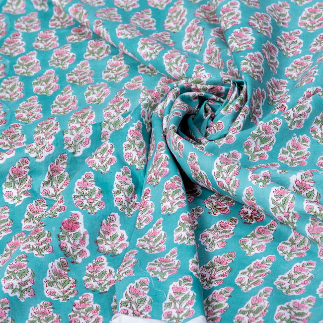 【3個セット】〔1m単位切り売り〕ジャイプル　職人手作り木版染め　色彩美しいボタニカルデザイン　おしゃれ　生地　花柄　テーブルクロス　刺繍素材などへ〔幅約112cm〕 - グリーン系 7 - とても良い風合いです