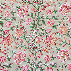 【3個セット】〔1m単位切り売り〕ジャイプル　職人手作り木版染め　色彩美しいボタニカルデザイン　おしゃれ　生地　花柄　テーブルクロス　刺繍素材などへ〔幅約112cm〕 - ライトグリーン系 - サブ5