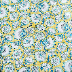 【3個セット】〔1m単位切り売り〕ジャイプル　職人手作り木版染め　色彩美しいボタニカルデザイン　おしゃれ　生地　花柄　テーブルクロス　刺繍素材などへ〔幅約113cm〕 - ウグイス系 - サブ5