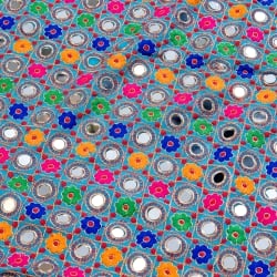 【3個セット】〔1m単位切り売り〕ミラーワーク付きラジャスタンの刺繍布〔107cm〕 - 水色 - サブ3