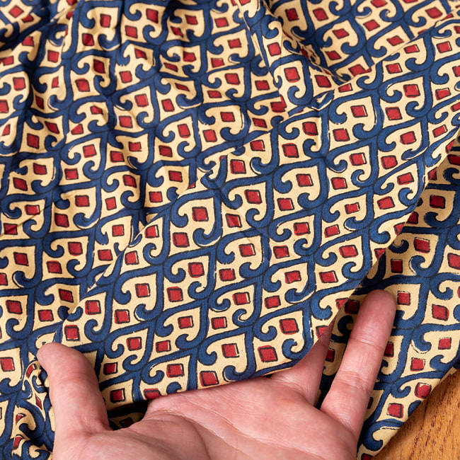 【3個セット】〔1m単位切り売り〕伝統息づく南インドから　昔ながらの更紗模様布〔約109cm〕ブルー×レッド系 7 - 生地の拡大写真です