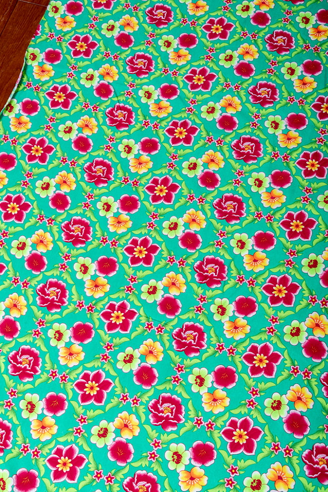 【5個セット】〔1m単位切り売り〕アジアのレトロ花柄ファブリック　生地　東北大花布　ヴィンテージ風　昭和レトロ〔約160cm〕 - グリーン 4 - 1mの長さごとにご購入いただけます。