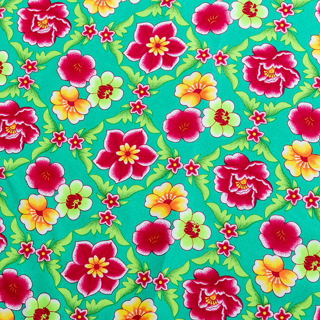 【5個セット】〔1m単位切り売り〕アジアのレトロ花柄ファブリック　生地　東北大花布　ヴィンテージ風　昭和レトロ〔約160cm〕 - グリーン 5 - 拡大写真です