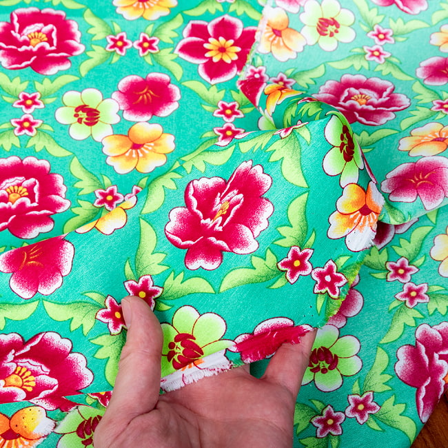 【5個セット】〔1m単位切り売り〕アジアのレトロ花柄ファブリック　生地　東北大花布　ヴィンテージ風　昭和レトロ〔約160cm〕 - グリーン 8 - しっかりとした生地感です