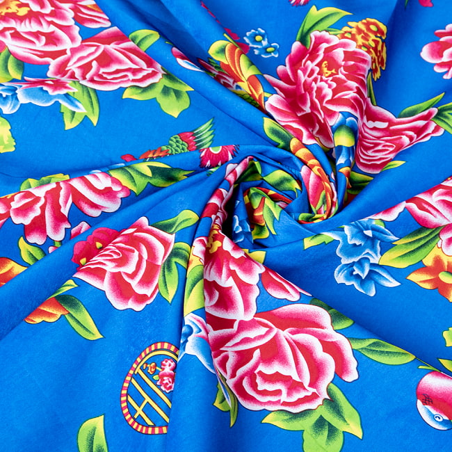 【5個セット】〔1m単位切り売り〕アジアのレトロ花柄ファブリック 生地 東北大花布 鳳凰牡丹 花鳥画 ヴィンテージ風 昭和レトロ〔約159cm〕 - ブルー 7 - 別の角度からの写真です