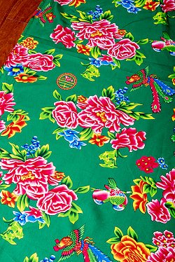 【5個セット】〔1m単位切り売り〕アジアのレトロ花柄ファブリック　生地　東北大花布　鳳凰牡丹　花鳥画　ヴィンテージ風　昭和レトロ〔約160cm〕 - グリーン - サブ4