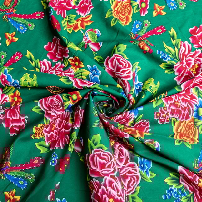 【5個セット】〔1m単位切り売り〕アジアのレトロ花柄ファブリック 生地 東北大花布 鳳凰牡丹 花鳥画 ヴィンテージ風 昭和レトロ〔約160cm〕 - グリーン 6 - とても良い風合いです