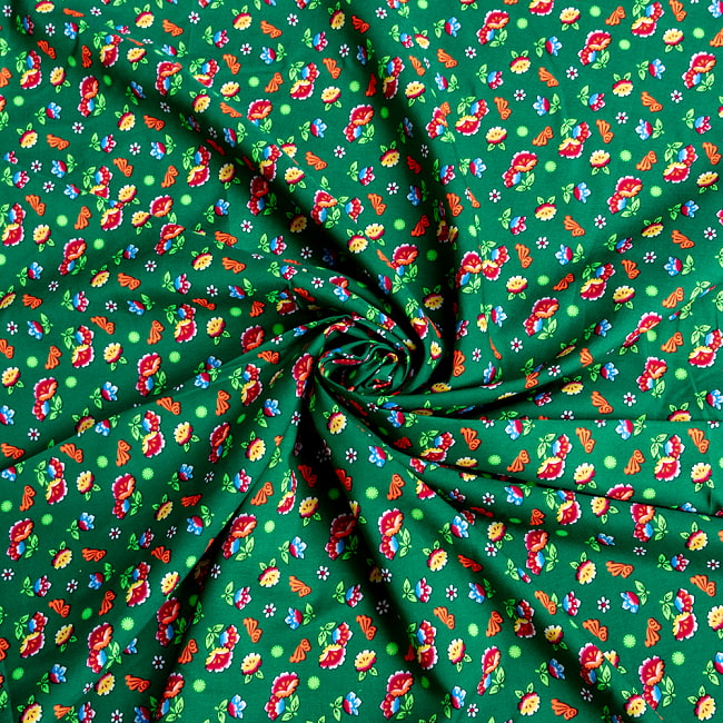 【5個セット】〔1m単位切り売り〕アジアのレトロ小花柄ファブリック　ヴィンテージ風　昭和レトロ〔約130cm〕 - グリーン 6 - とても良い風合いです